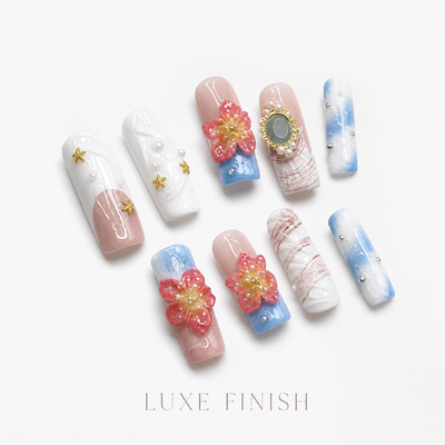 Medium Square Press On Nails - Blue star glitter nails, 3d rh...