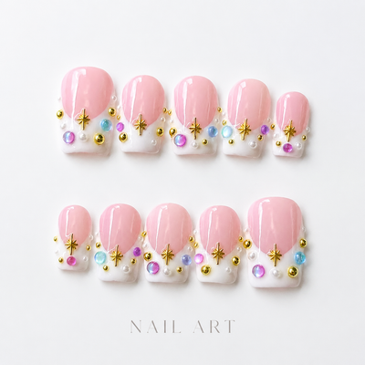 Medium Square Press On Nails - Nude pearl heart nails, 3d rhi...