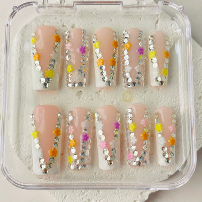 Medium Square Press On Nails - Nude glitter sparkle nails, 3d...