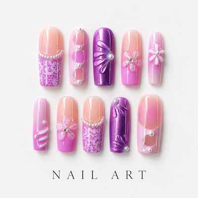 Medium Square Press On Nails - Purple french tip nails, 3d rh...