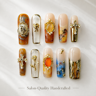Medium Square Press On Nails - Orange bow design nails, 3d rh...