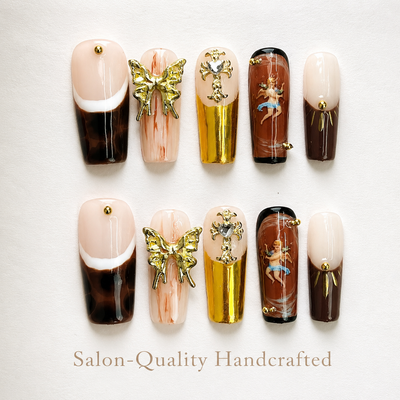 Medium Square Press On Nails - Blue french tip nails, 3d rhin...