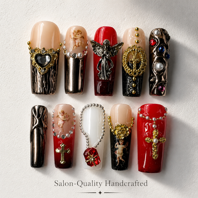 Medium Square Press On Nails - Purple pearl heart nails, 3d r...