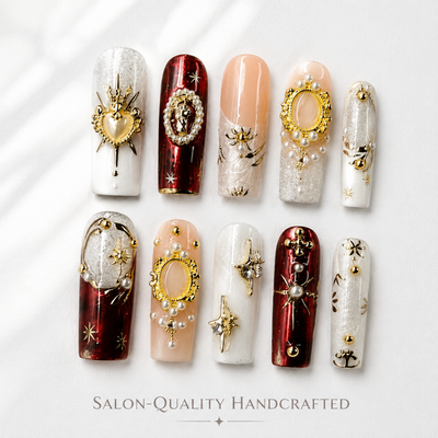 Medium Square Press On Nails - White cherry accent nails, 3d...