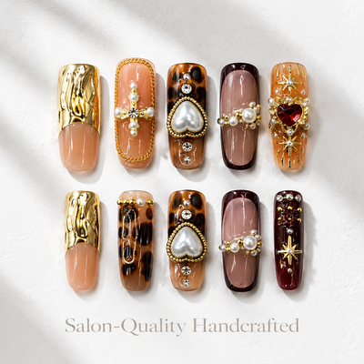 Medium Square Press On Nails - Orange rhinestone flower nails...