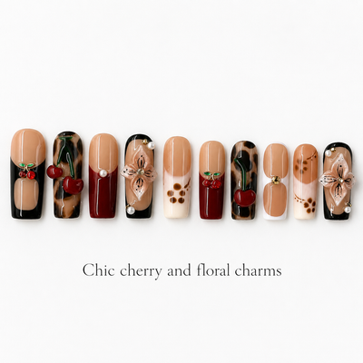 Medium Square Press On Nails - Fake nails with 3d floral charms, ch...