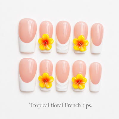 Medium Square Press On Nails - Fake nails with 3d yellow tropical f...