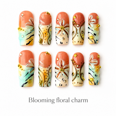 Medium Square Press On Nails - Fake nails with 3d blooming flower a...