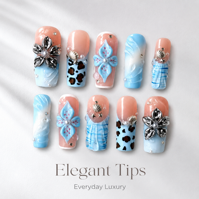 Medium Square Press On Nails - 3d flower charms and rhinestone...