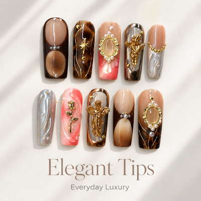 Medium Square Press On Nails - Luxury 3d charms with gold angel...