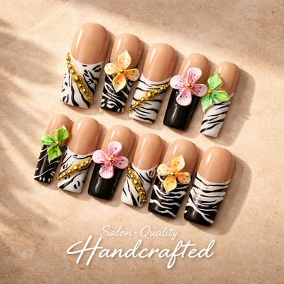 Medium Square Press On Nails - Zebra print french tips with 3d...