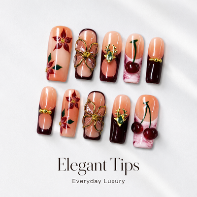 Medium Square Press On Nails - Luxury 3d flower and cherry char...