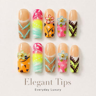 Medium Square Press On Nails - Square medium 10 pieces, colorful ha...
