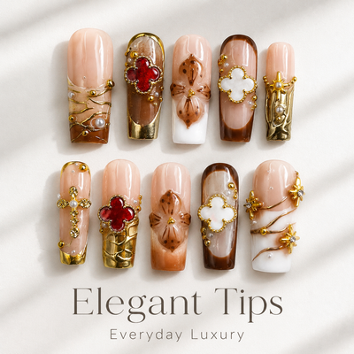 Medium Square Press On Nails - Luxury brown and nude 3d flower...
