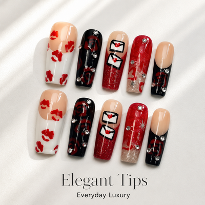 Medium Square Press On Nails - Red Black Valentine Love Letter