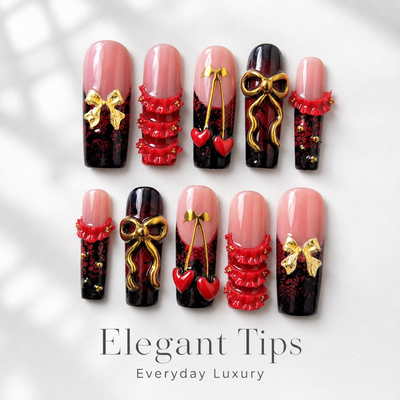 Medium Square Press On Nails - Gothic Gold Bows Red Hearts