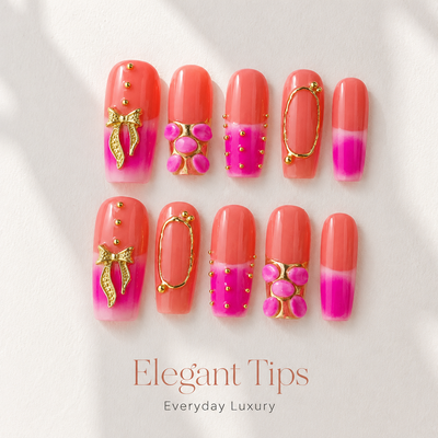 Medium Square Press On Nails - Nails, pink and coral ombre fake nails with...
