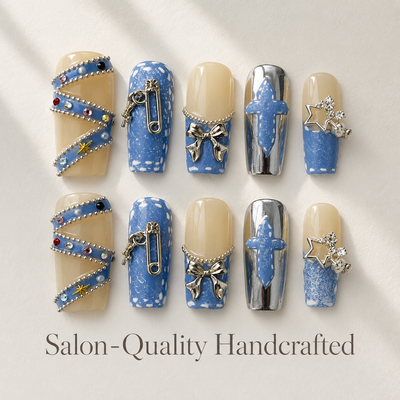 Medium Square Press On Nails - Handcrafted blue denim