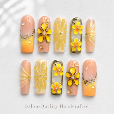 Medium Square Press On Nails - Yellow Floral 3D Gold Pearl