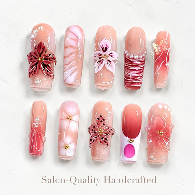Medium Square Press On Nails - Handcrafted 3d floral acrylic na...