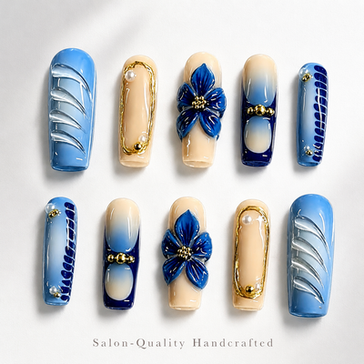 Medium Square Press On Nails - Medium square, 10 pieces handcrafted blue