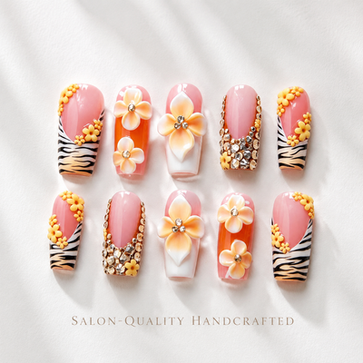 Medium Square Press On Nails - Pink 3d floral nails, 3d rhine...