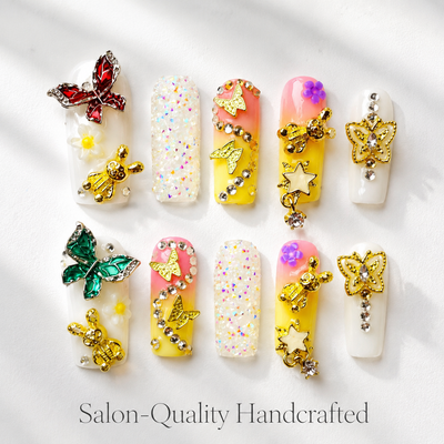 Medium Square Press On Nails - White star glitter nails, 3d r...