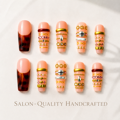 Medium Square Press On Nails - Blue french tip nails, 3d rhin...