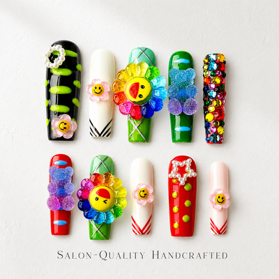 Medium Square Press On Nails - Red marble pattern nails, 3d r...