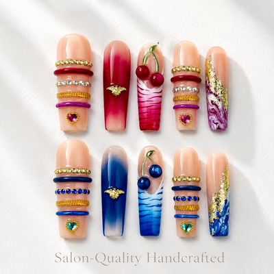 Medium Square Press On Nails - Blue 3d floral nails, 3d rhine...