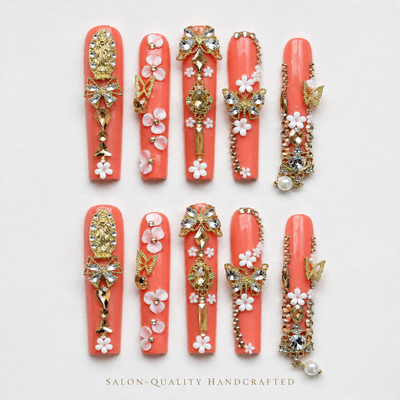 Medium Square Press On Nails - White pearl heart nails, 3d rh...