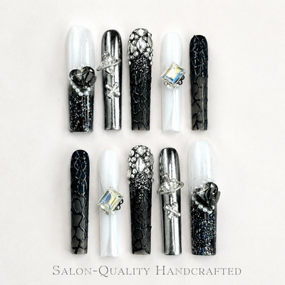 Medium Square Press On Nails - Orange bow design nails, 3d rh...