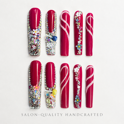 Medium Square Press On Nails - Nude cherry accent nails, 3d r...