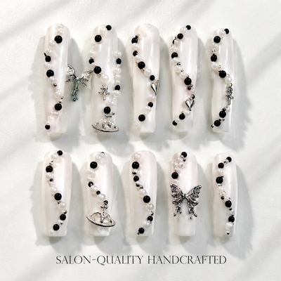 Medium Square Press On Nails - White star glitter nails, 3d r...
