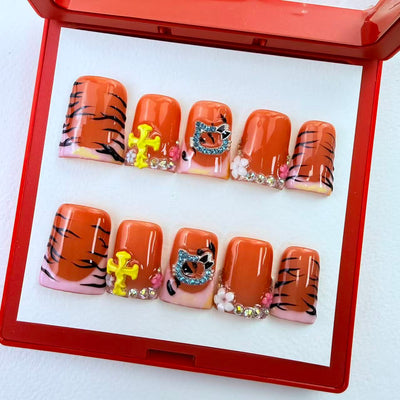 Duck Press On Nails - Orange Tiger Stripe Pink Gradient