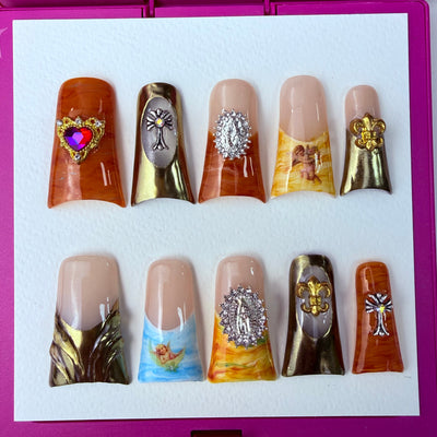 Duck Press On Nails - Red star glitter design, rhinestone cluster d...