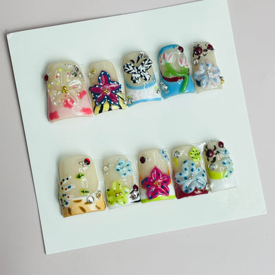 Duck Press On Nails - Milky beige, zebra print, colorful french tip...
