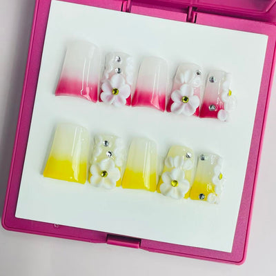 Duck Press On Nails - Glossy white magenta yellow ombre, 3d white f...