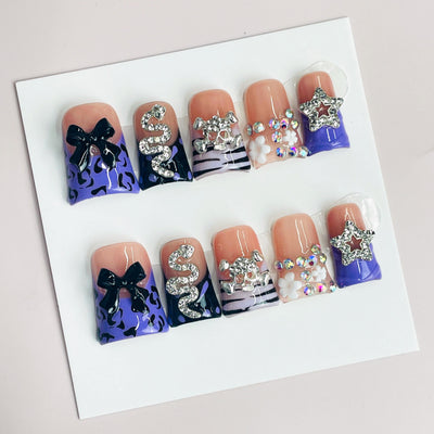 Duck Press On Nails - Nude purple black animal print french tips, y...