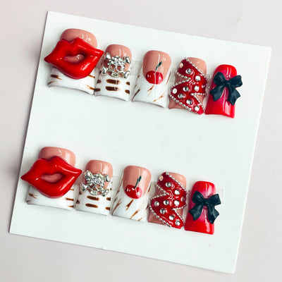 Duck Press On Nails - Red nude white gold stripes, cherry accents...