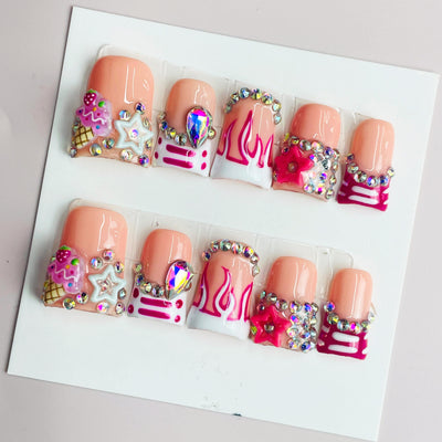Duck Press On Nails - Nude Pink Flame Sporty Stripe