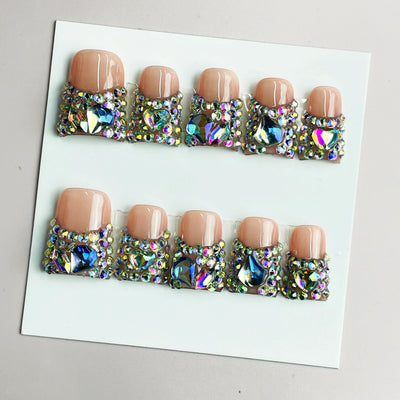 Duck Press On Nails - Glossy nude base, french tip, 3d crystal rhin...