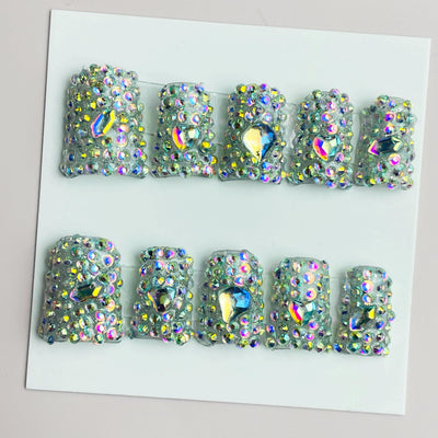Duck Press On Nails - Light green glitter, iridescent ab rhinestone...