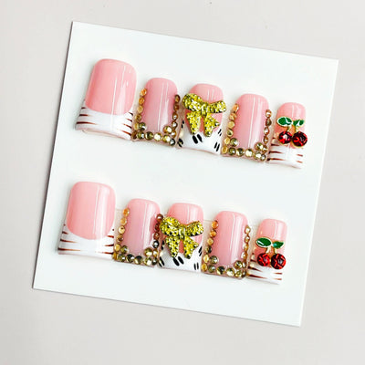 Duck Press On Nails - Pink french tips, white stripe dalmatian dots...