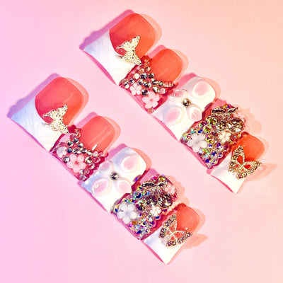 Duck Press On Nails - Peach white v-cut french tips, rhinestones, 3...