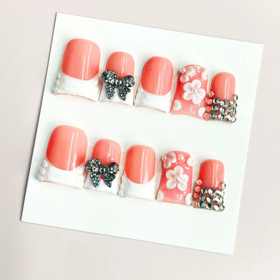 Duck Press On Nails - Coral pink base, white quilted french tips, 3...
