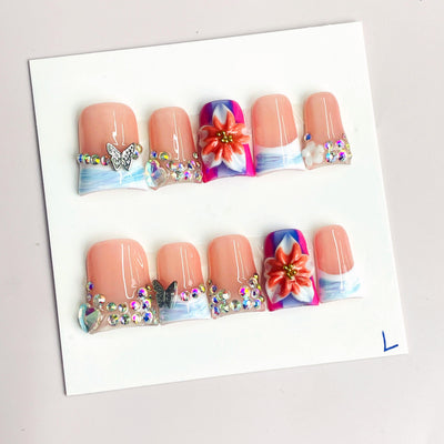 Duck Press On Nails - Peach base, blue white marble french tips, ma...