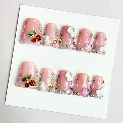 Duck Press On Nails - Soft pink glossy kawaii false nails, iridesce...