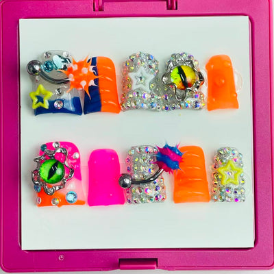Duck Press On Nails - Neon orange hot pink royal blue, silver rhine...