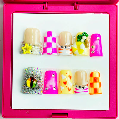 Duck Press On Nails - Hot pink yellow orange nude, checkerboard str...